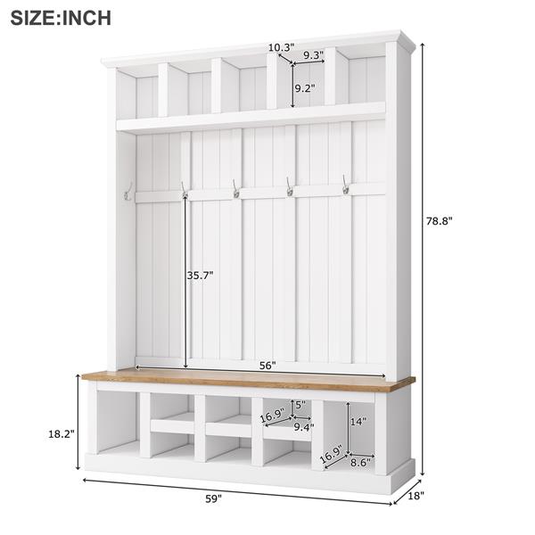 Farmhouse Wooden Style 78''H Modern Hall Tree with Wide Storage Seating Bench, Entryway Shoe Cabinet with 13 Compartments, Elegant Coat Rack with 6 Hooks for Mudroom, Living room, White