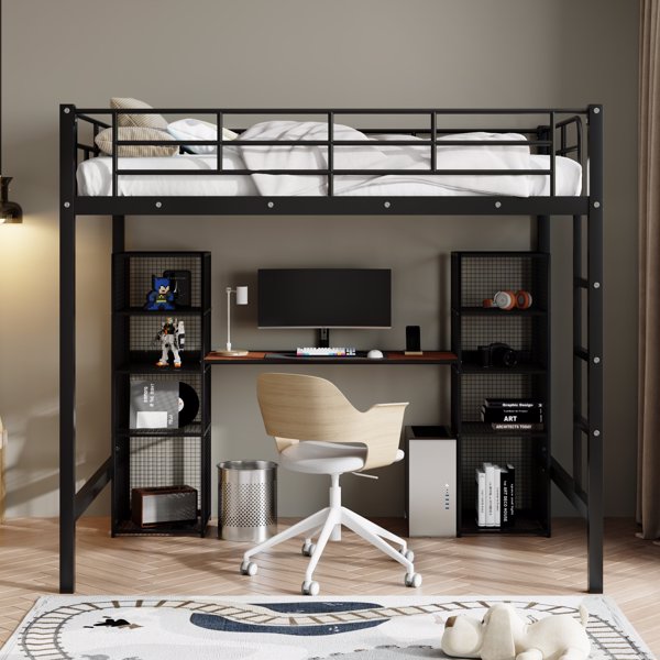 Full Size Metal Loft Bed with Built-in Desk and Shelves, Black+Brown