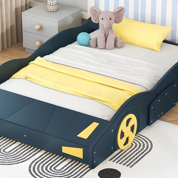 Full Size Race Car-Shaped Platform Bed with Wheels and Storage, Dark Blue+Yellow