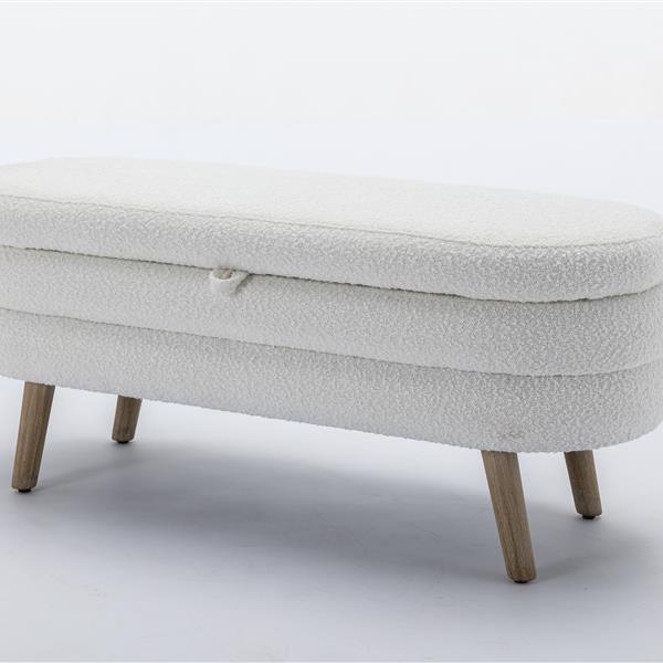 036-Boucle Fabric Storage Bench Bedroom Bench With Wood Legs For Living Room Bedroom Indoor,Ivory