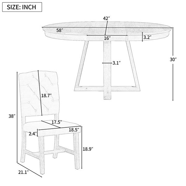 5-Piece Retro Functional Dining Set, Round Table with a 16"W Leaf and 4 Upholstered Chairs for Dining Room and Living Room (Natural)