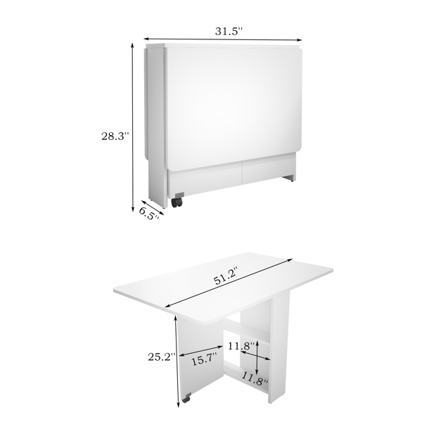  white foldable dining table, fully unfolded 51.18 inches, suitable for small family tables or display tables