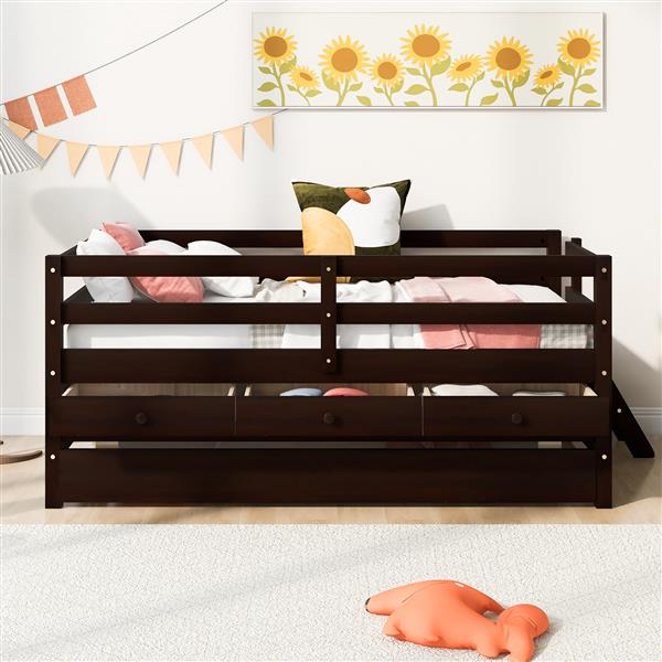 Low Loft Bed Twin Size with Full Safety Fence, Climbing ladder, Storage Drawers and Trundle Espresso Solid Wood Bed