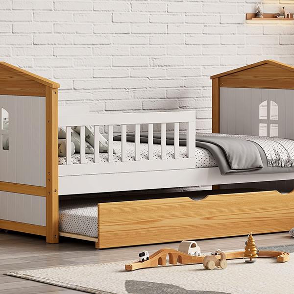 Twin Size House Shape Bed with Trundle Wooden Bed for Girls Boys Teens, No Box Spring Needed, Walnut and White