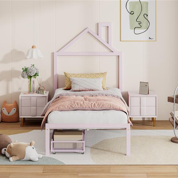 Twin Size Metal Platform Bed with two drawers,House-Shaped Headboard Design, Pink