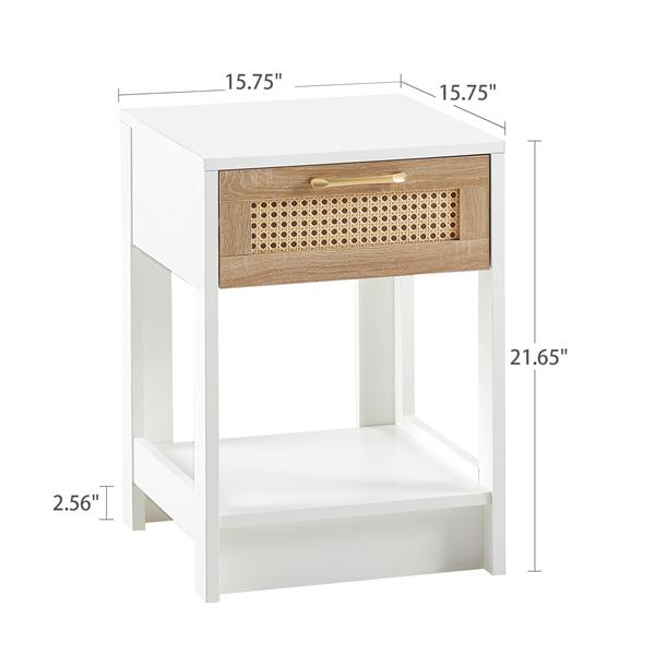 15.75" Rattan End table with  drawer, Modern nightstand, side table for living room, bedroom,white