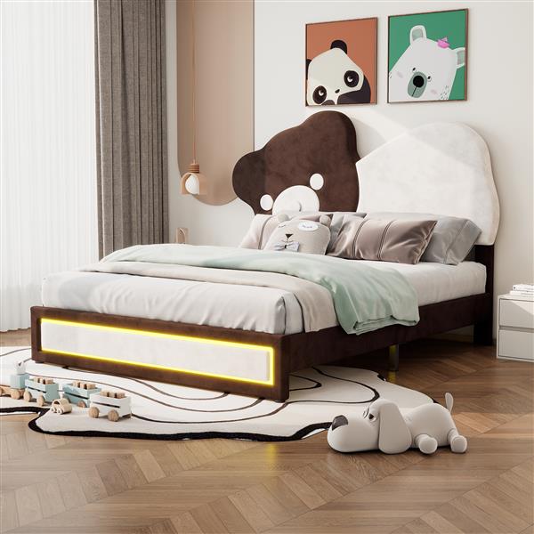 Full Size Upholstered Platform Bed with Bear Shaped Headboard, LED Light Strips, White + Brown