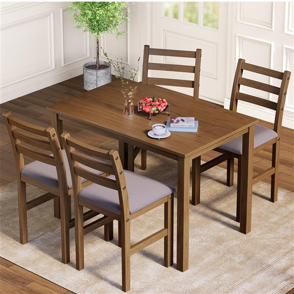 5PCS Stylish Dining Table Set 4 Upholstered Chairs with Ladder Back Design for Dining Room Kitchen Brown Cushion and Antique Oak