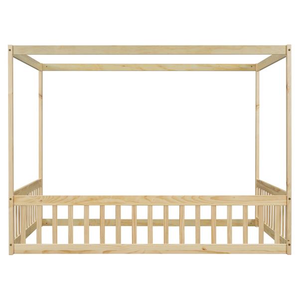 Full Size Canopy Frame Floor Bed with Fence, Guardrails,Natural