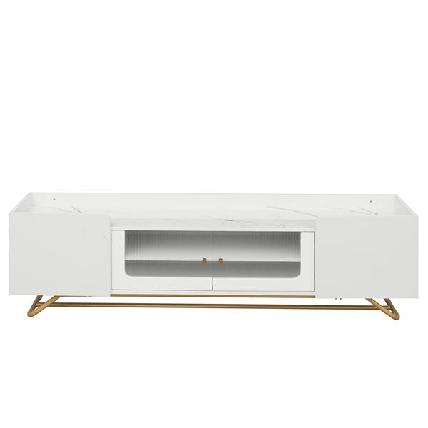 Sleek Design TV Stand with Fluted Glass, Contemporary Entertainment Center for TVs Up to 70", Faux Marble Top TV Console Table with Gold Frame Base, White