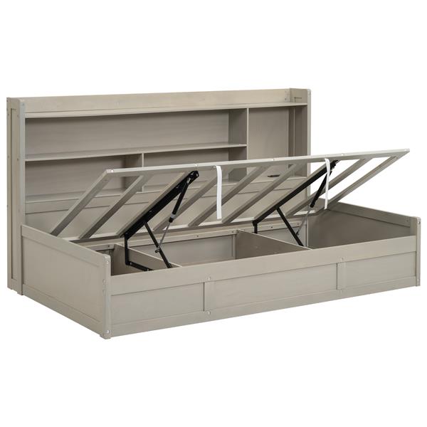 Twin Size Daybed Frame with Storage Bookcases and Underneath Storage, USB Charging Station, Gray