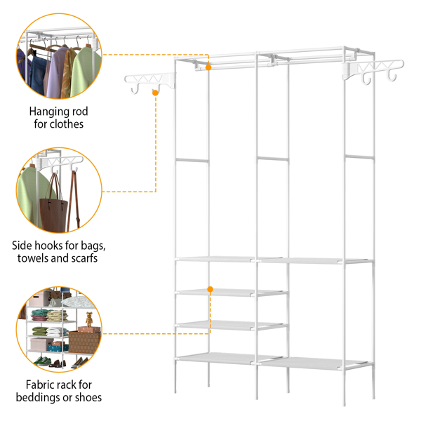 66.1x42.1x14.2in Perfect 4 layers of shelves Closet Organizing rack，weight capacity of the hanging rod and the fabric rack reaches up to 33lbs and 11lbs separately.（no shipments on weekends）