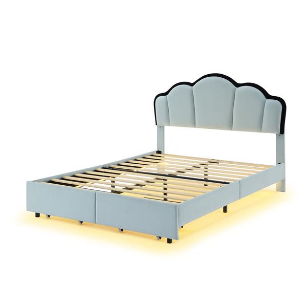 Full Size Upholstered Princess Platform Bed with LED and 2 Storage Drawers, Blue