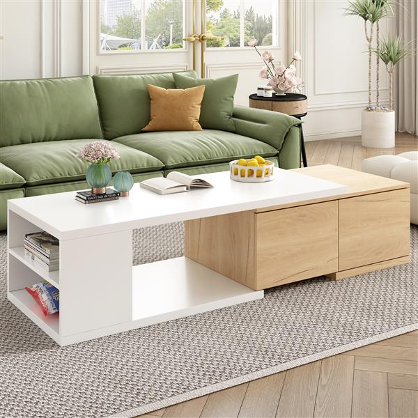 47.2''-57''W Extendable Coffee Table with 2 Storage Drawers, Dual-tone Wood Center Table with Extendable Sliding Tabletop, Multi-functional Hidden Storage Sofa Table for Living Room, White