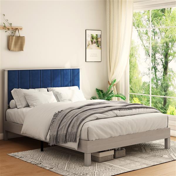 Full Bed Frame, Wood with Wood Headboard Bed Frame with upholstered headboard /  Wood Foundation with Wood Slat Support / No Box Spring Needed / Easy Assembly