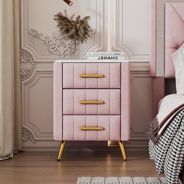 Upholstered Wooden Nightstand with 3 Drawers and Metal Legs&Handles,Fully Assembled Except Legs&Handles,Bedside Table with Marbling Worktop - Pink