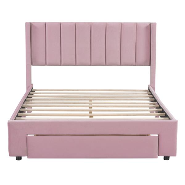 Full Size Storage Bed Velvet Upholstered Platform Bed with a Big Drawer - Pink