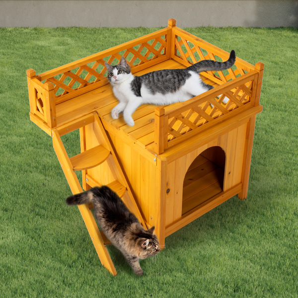 2-Story Wooden Feral Cat House Dog House for Outdoor and Indoor, Pet House with Stairs, Yellow