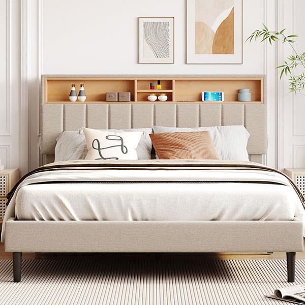 Queen Size Upholstered Platform Bed with Storage Headboard and USB Port,  Linen Fabric Upholstered Bed (Beige)