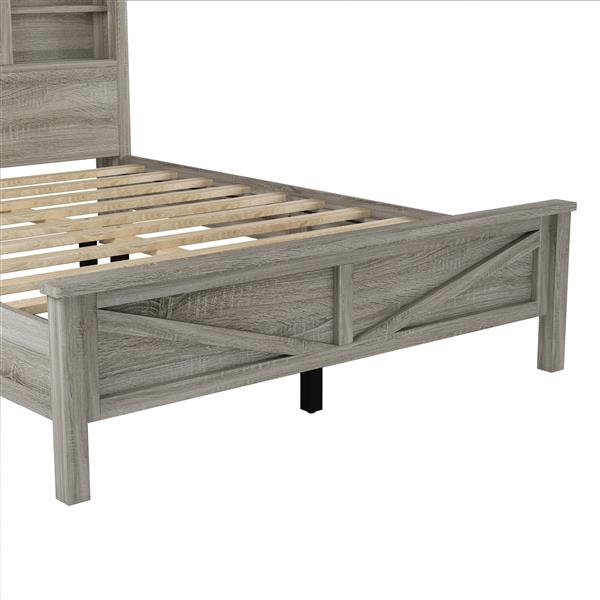 Farmhouse Platform Bed with Double Sliding Barn Door, Queen Size Rustic Wood Bed with
Charging Station, Wood Slats Support, Antique Gray