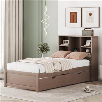 Modern Twin Size Bed Frame With Built-in USB Port on Bookcase Headboard and 2 Drawers for Walnut Color