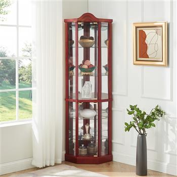 Glass Cabinet Lighted Corner Cabinet Corner Display Curio Cabinet, Glass Display With Light(Included)Bar Cabinet,Wine Cabinet with Adjustable Glass Shelves Carved Decoration Cherry Light(Included)