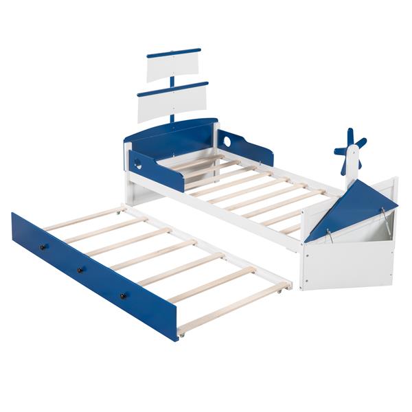 Twin Size Boat-Shaped Platform Bed with Twin size Trundle,Twin Bed with Storage for Bedroom,Blue