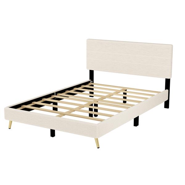 Queen Size Corduroy Upholstered Bed Frame, Platform Bed with Horizontal Stripe Headboard, No Box Spring Needed, Beige