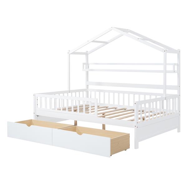 Wooden Full Size House Bed with 2 Drawers,Kids Bed with Storage Shelf, White