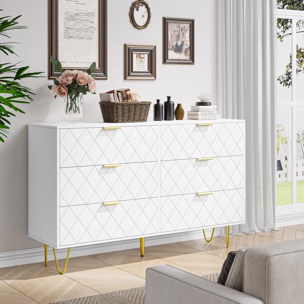 Modern white 6 Drawers for Bedroom,Wooden drawers with Gold Handles, Chest Dresser with Deep Drawers for living room 