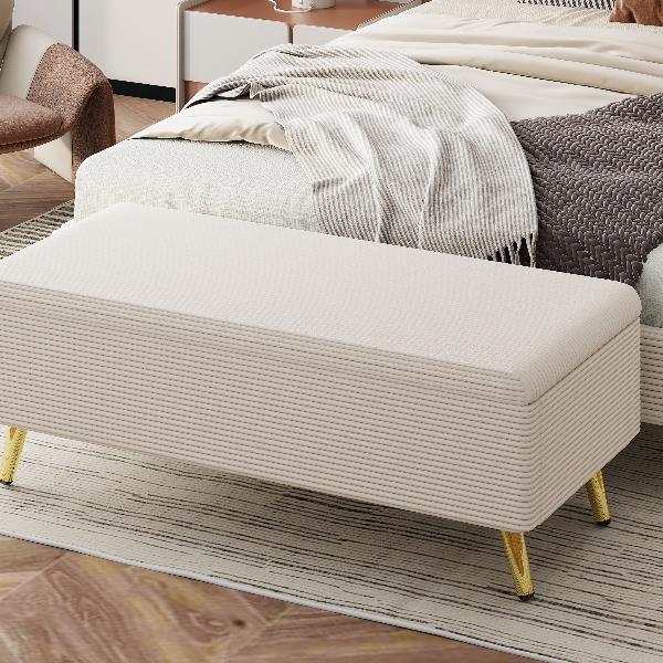 Modern Corduroy Upholstered Ottoman with Metal Legs, Storage Bench for Bedroom,Living Room,Beige