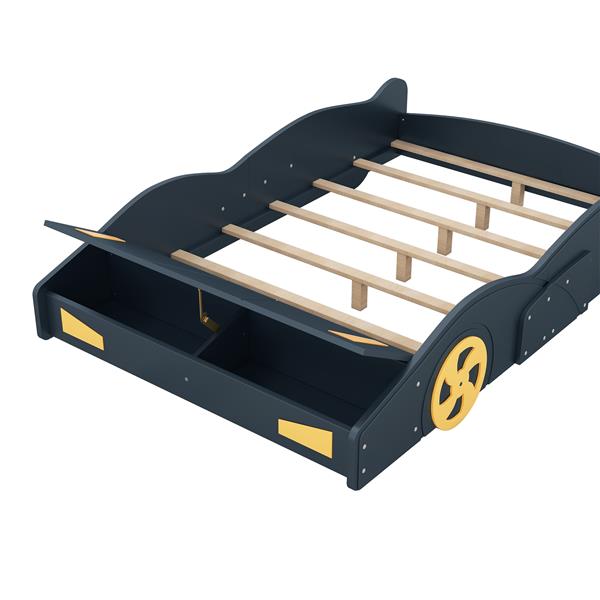 Full Size Race Car-Shaped Platform Bed with Wheels and Storage, Dark Blue+Yellow