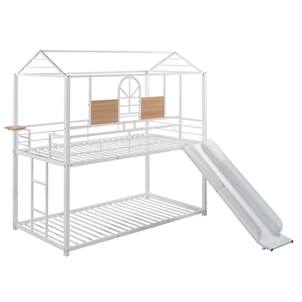 Twin Over Twin Metal Bunk Bed ,Metal Housebed With Slide,Three Colors Available.(White with White  Slide)