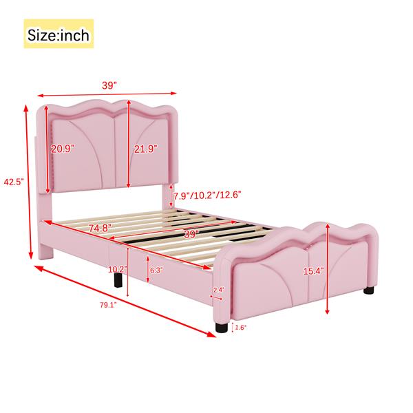 Twin Size Upholstered Platform Bed with Curve Shaped and Height-adjustbale Headboard,LED Light Strips,Pink