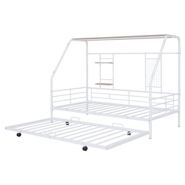 Twin Size Metal House Bed with Trundle, White