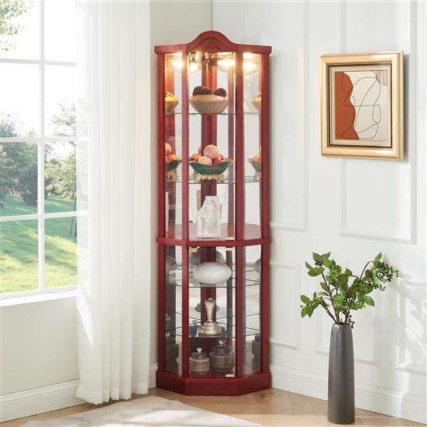 Glass Cabinet Lighted Corner Cabinet Corner Display Curio Cabinet, Glass Display With Light(Included)Bar Cabinet,Wine Cabinet with Adjustable Glass Shelves Carved Decoration Cherry Light(Included)