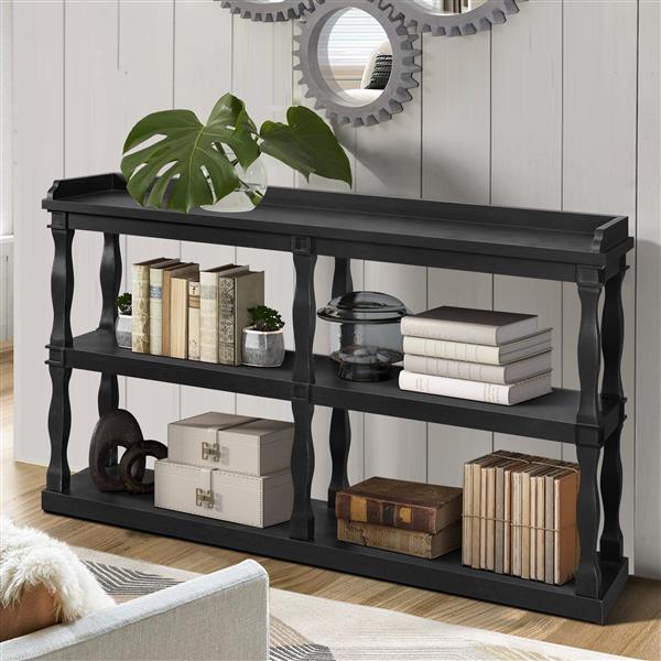 Console Table with 3-Tier Open Storage Spaces And Roman Column Effect Support Legs,Narrow Sofa Entry Table for Living Room, Entryway and Hallway(Black)