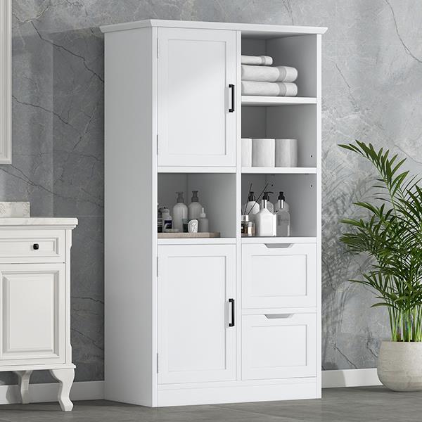 Bathroom Storage Cabinet with Doors and Drawers, Multiple Storage Space, Freestanding Style, Open Shelve, Adjustable Shelf, White