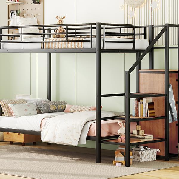 Twin Over Twin Metal Bunk Bed with Lateral Storage Ladder and Wardrobe, Black