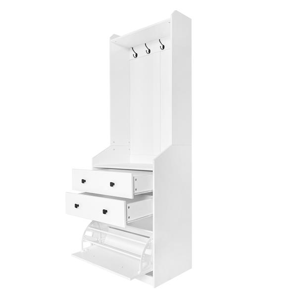 27.5''W Narrow Hall Tree with Flip Drawer, Multi-functional Coat Rack with 4 Hanging Hooks & Drawers,  Adjustable Shoe Storage Cabinet for Hallway, Living Room, White