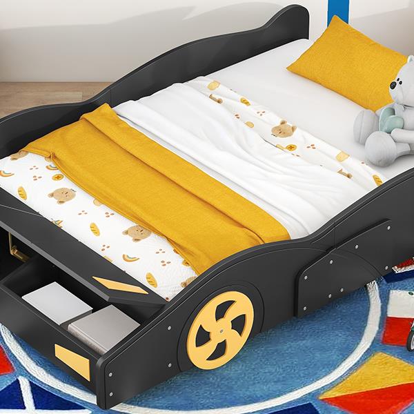 Full Size Race Car-Shaped Platform Bed with Wheels and Storage, Black+Yellow