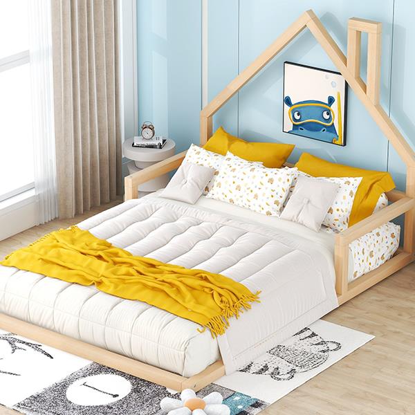 Full Size Wood Floor Bed with House-shaped Headboard, Natural