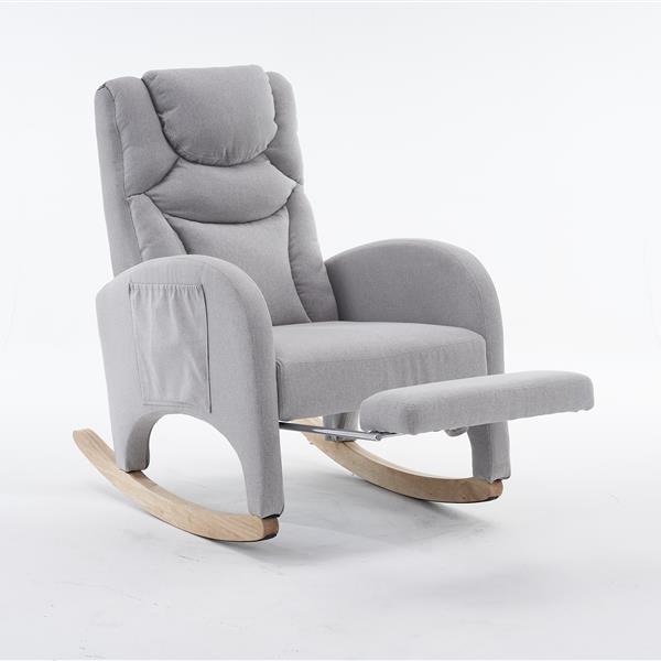 052- Cotton Linen Fabric Nursery Rocking Chair With Adjustable Footrest,Light Gray