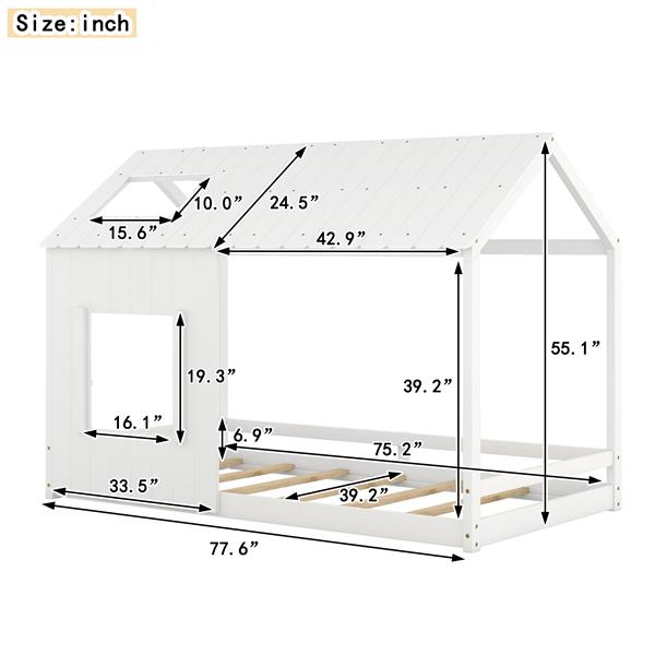 Twin Size House Bed with Roof and Window - White