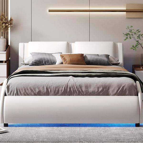 Full Size Upholstered Faux Leather Platform Bed with LED Light Bed Frame with Slatted - White