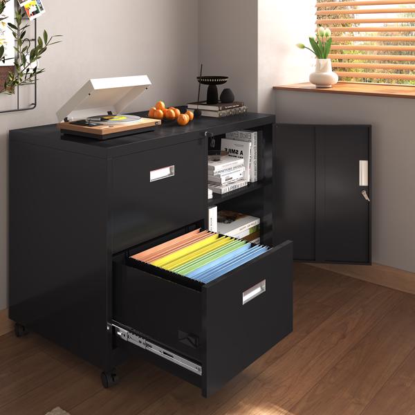 Metal Office Cabinet with 2 Drawers & Adjustable Shelves, Mobile Lateral Filing Cabinet with Lock