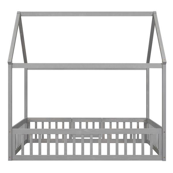 Full Size Wood House Bed with Fence and Door, Gray Wash