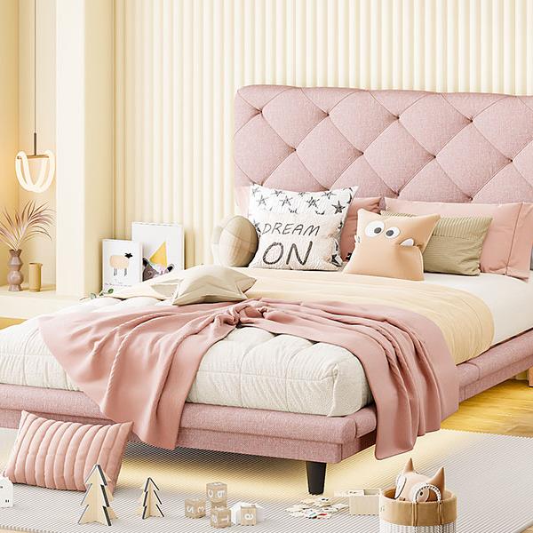 Twin Size Upholstered Bed with Light Stripe, Floating Platform Bed, Linen Fabric,Pink