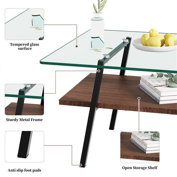 Rectangle Coffee Table, Tempered Glass Tabletop with Black Metal Legs, Modern Table for Living Room , Transparent Glass