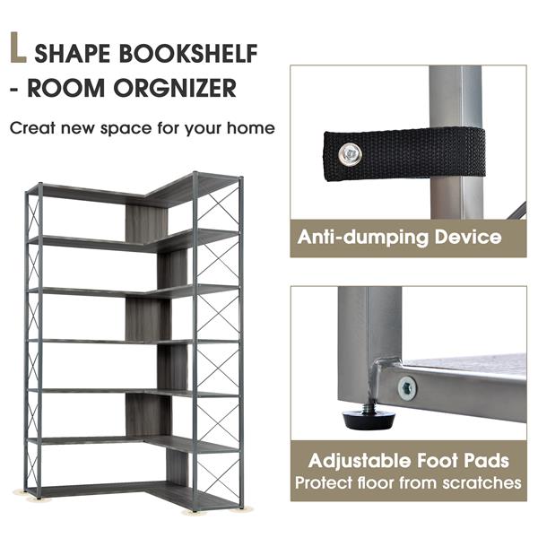 Silver+Grey 7-Tier Bookcase Home Office Bookshelf,  L-Shaped Corner Bookcase with Metal Frame, Industrial Style Shelf with Open Storage, MDF Board